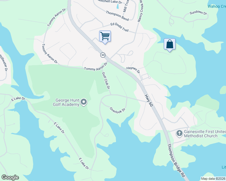 map of restaurants, bars, coffee shops, grocery stores, and more near 190 Club Drive in Gainesville