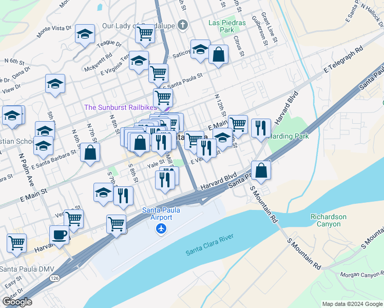 map of restaurants, bars, coffee shops, grocery stores, and more near 136 South Ojai Street in Santa Paula
