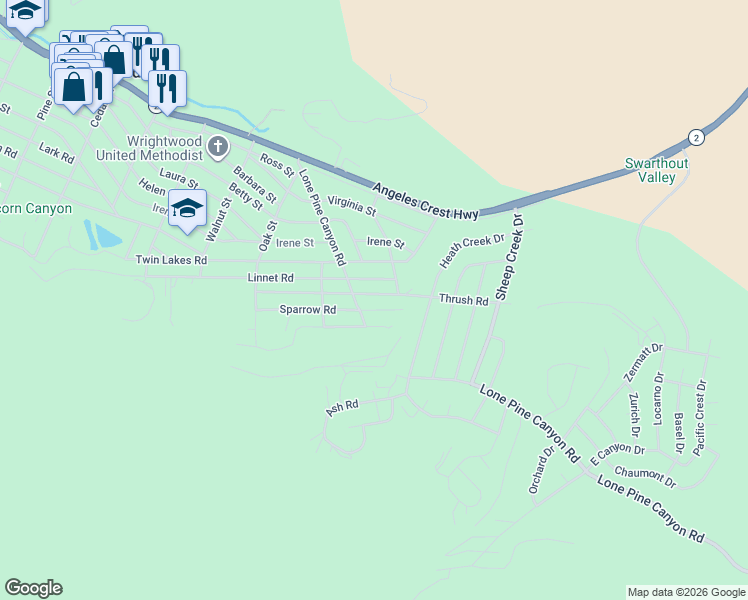 map of restaurants, bars, coffee shops, grocery stores, and more near 1861 Thrush Road in Wrightwood