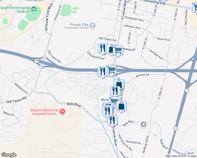 map of restaurants, bars, coffee shops, grocery stores, and more near 1101 Frontage Road in Oxford