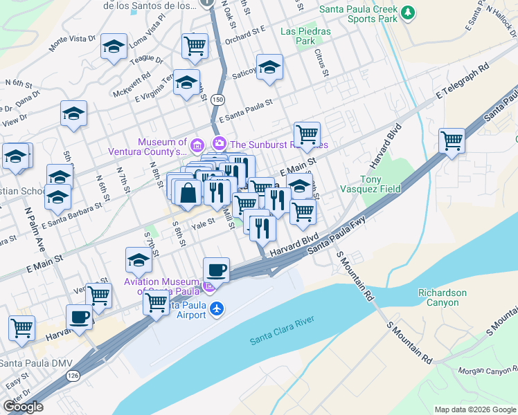 map of restaurants, bars, coffee shops, grocery stores, and more near 136 South Ojai Street in Santa Paula