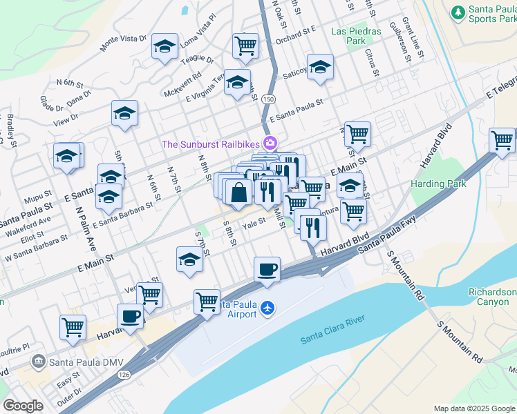 map of restaurants, bars, coffee shops, grocery stores, and more near 924 East Main Street in Santa Paula