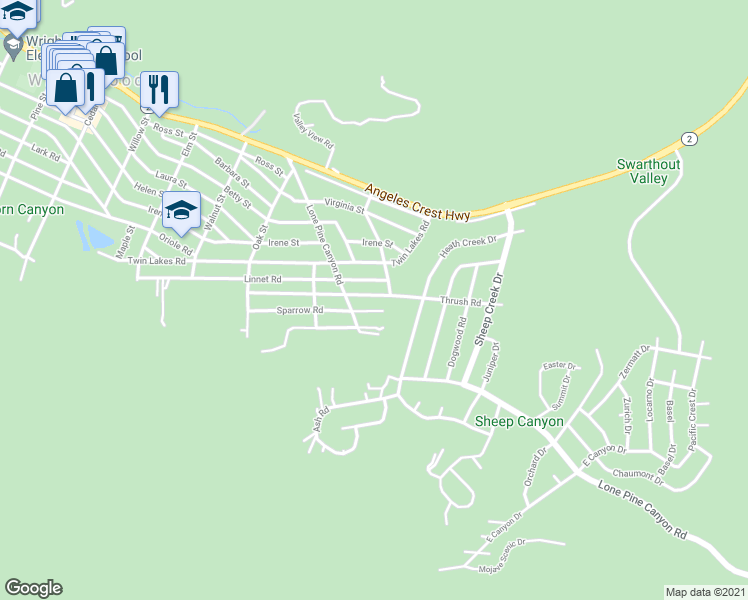 map of restaurants, bars, coffee shops, grocery stores, and more near 1861 Thrush Road in Wrightwood