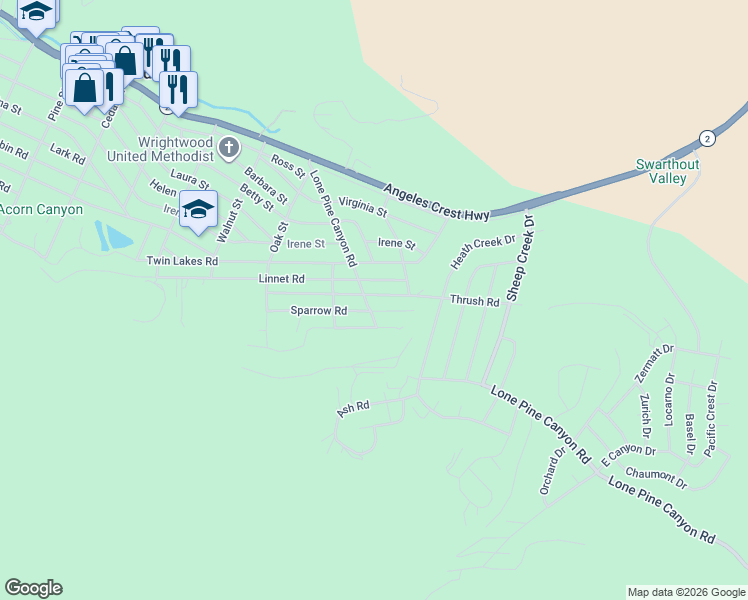 map of restaurants, bars, coffee shops, grocery stores, and more near 1825 Thrush Road in Wrightwood
