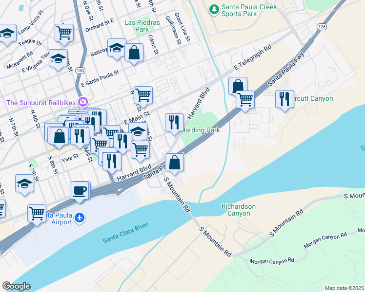 map of restaurants, bars, coffee shops, grocery stores, and more near 235 South 13th Street in Santa Paula