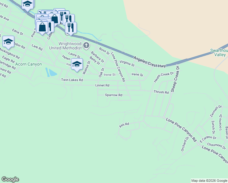 map of restaurants, bars, coffee shops, grocery stores, and more near 1719 Thrush Road in Wrightwood