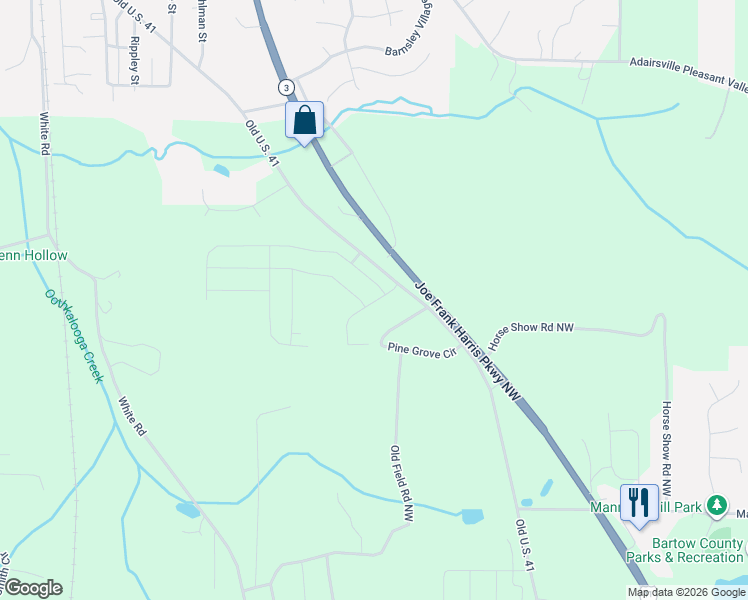 map of restaurants, bars, coffee shops, grocery stores, and more near 83 Pine Grove Circle in Adairsville
