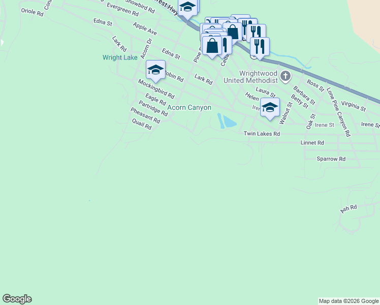 map of restaurants, bars, coffee shops, grocery stores, and more near 1183 Twin Lakes Drive in Wrightwood