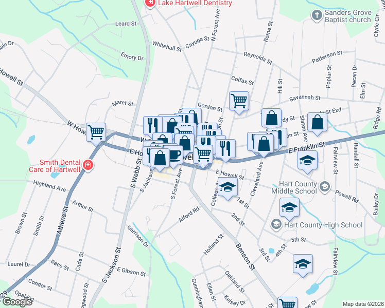 map of restaurants, bars, coffee shops, grocery stores, and more near 47 West Franklin Street in Hartwell