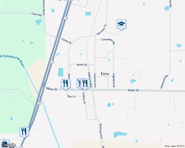 map of restaurants, bars, coffee shops, grocery stores, and more near 163 Central Avenue in Ecru