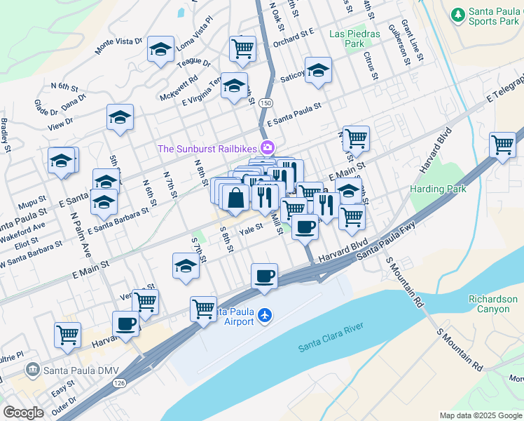 map of restaurants, bars, coffee shops, grocery stores, and more near 938 East Main Street in Santa Paula