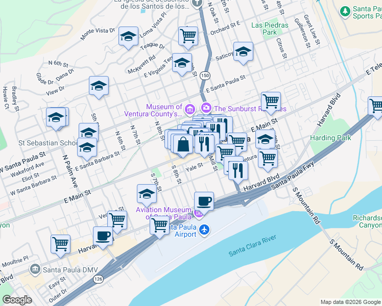map of restaurants, bars, coffee shops, grocery stores, and more near 905 East Main Street in Santa Paula