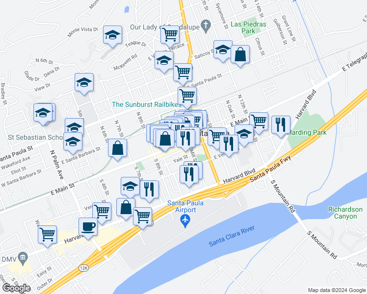 map of restaurants, bars, coffee shops, grocery stores, and more near 112A South Mill Street in Santa Paula