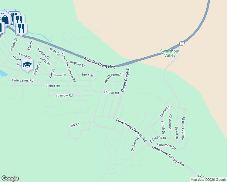map of restaurants, bars, coffee shops, grocery stores, and more near 2046 Thrush Road in Wrightwood
