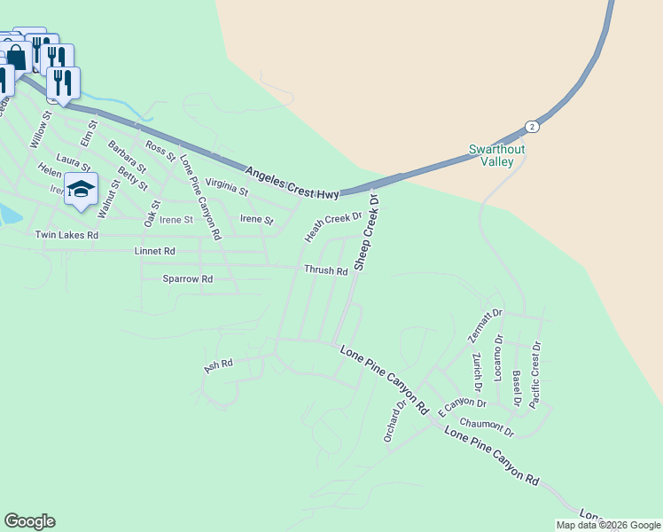 map of restaurants, bars, coffee shops, grocery stores, and more near 2046 Thrush Road in Wrightwood