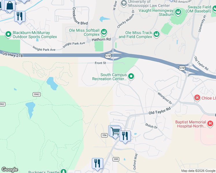 map of restaurants, bars, coffee shops, grocery stores, and more near Thacker Mountain Rail-Trail in Oxford