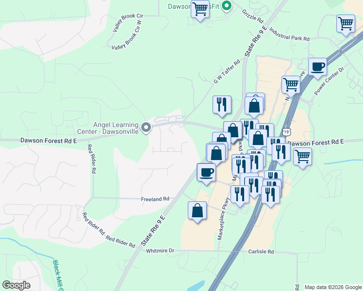 map of restaurants, bars, coffee shops, grocery stores, and more near Wesley Way North in Dawson County