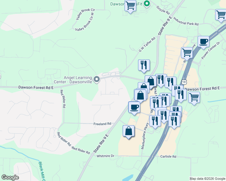 map of restaurants, bars, coffee shops, grocery stores, and more near 14 Evans Circle in Dawsonville
