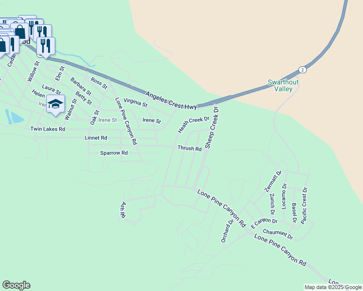 map of restaurants, bars, coffee shops, grocery stores, and more near 5658 Lodgepole Drive in Wrightwood