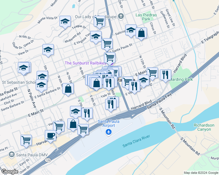 map of restaurants, bars, coffee shops, grocery stores, and more near 948 East Main Street in Santa Paula