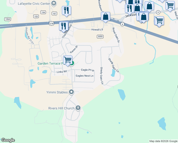 map of restaurants, bars, coffee shops, grocery stores, and more near 221 Eagles Nest Lane in Oxford