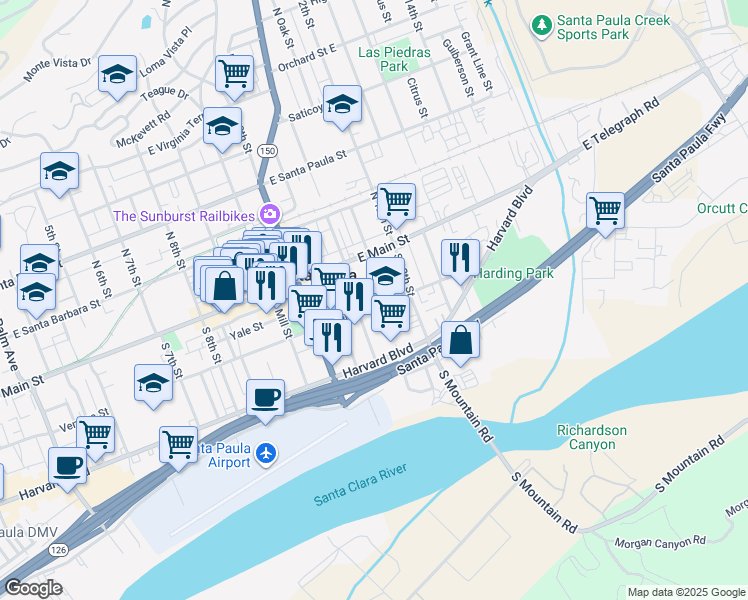 map of restaurants, bars, coffee shops, grocery stores, and more near 1144 East Ventura Street in Santa Paula