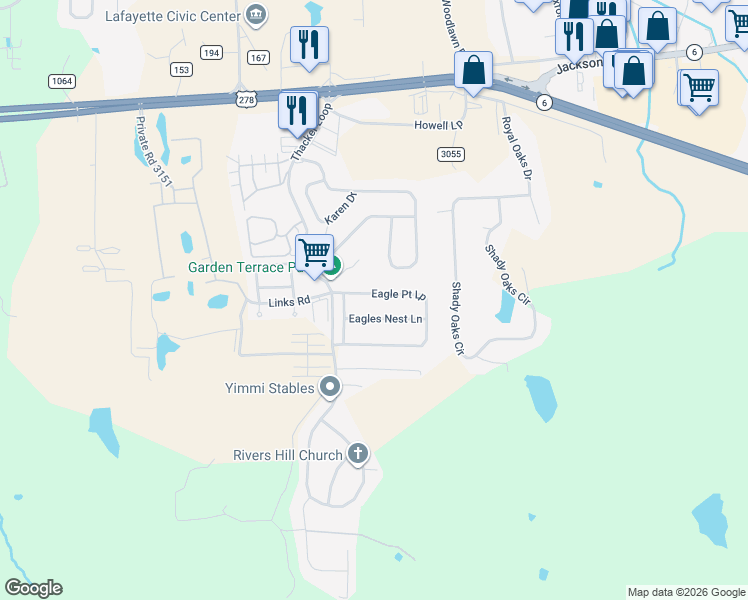 map of restaurants, bars, coffee shops, grocery stores, and more near 209 Eagles Nest Lane in Oxford