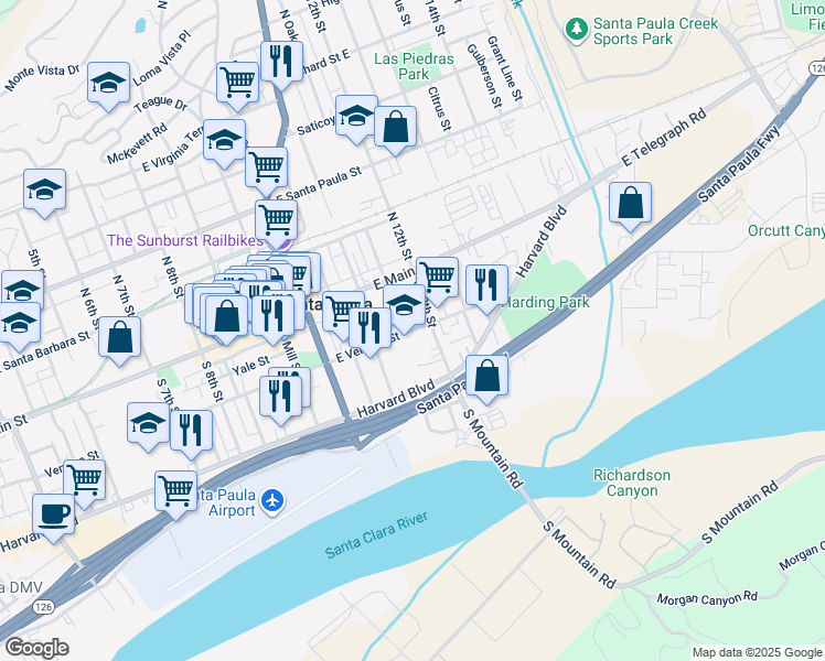 map of restaurants, bars, coffee shops, grocery stores, and more near 1144 East Ventura Street in Santa Paula