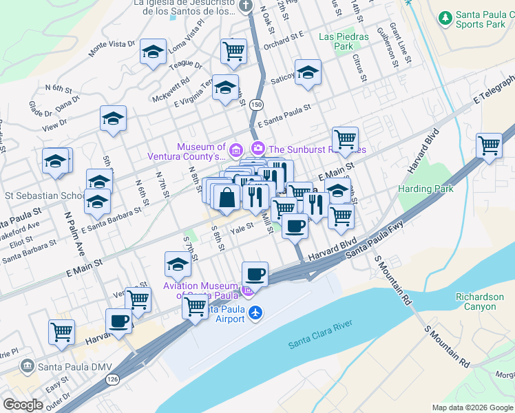 map of restaurants, bars, coffee shops, grocery stores, and more near 112A South Mill Street in Santa Paula