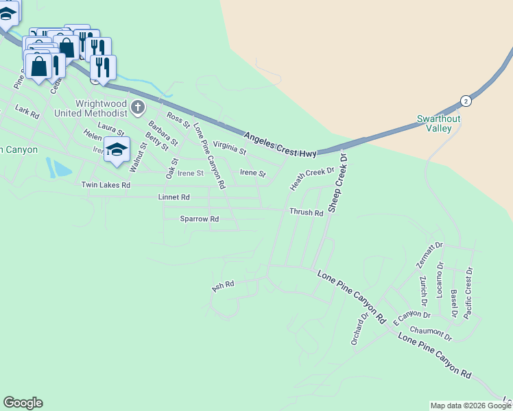 map of restaurants, bars, coffee shops, grocery stores, and more near 1876 Thrush Road in Wrightwood