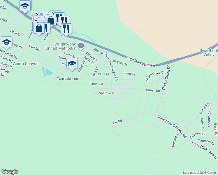 map of restaurants, bars, coffee shops, grocery stores, and more near 1719 Thrush Road in Wrightwood