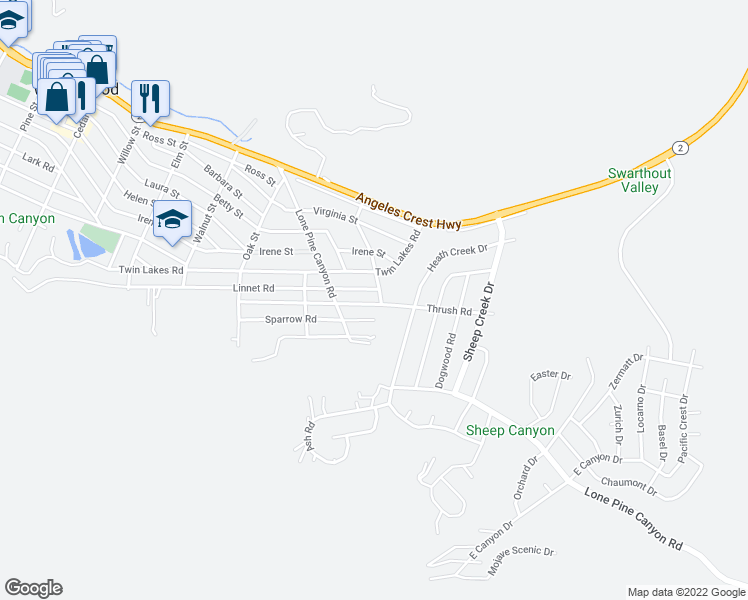 map of restaurants, bars, coffee shops, grocery stores, and more near 1876 Thrush Road in Wrightwood