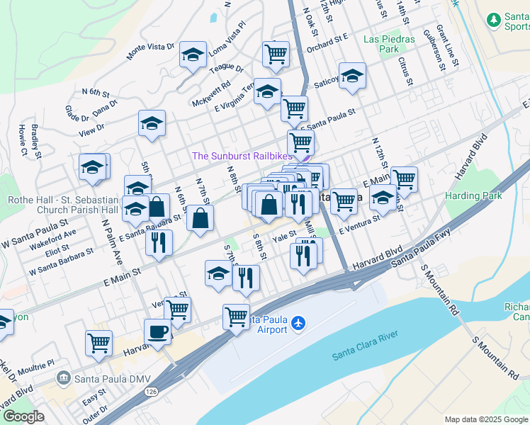 map of restaurants, bars, coffee shops, grocery stores, and more near 801 East Main Street in Santa Paula