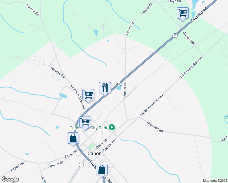 map of restaurants, bars, coffee shops, grocery stores, and more near 5910 Georgia 17 in Canon