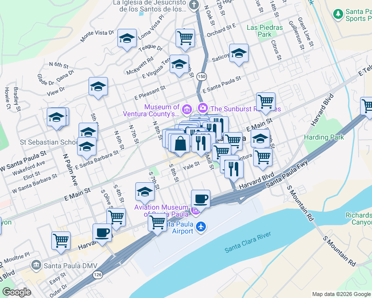 map of restaurants, bars, coffee shops, grocery stores, and more near 900 East Main Street in Santa Paula