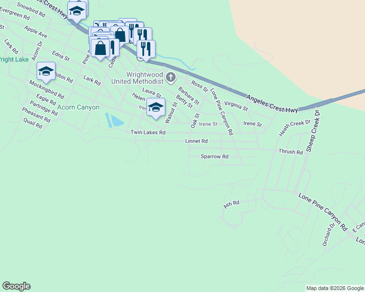 map of restaurants, bars, coffee shops, grocery stores, and more near 5632 Oak Street in Wrightwood