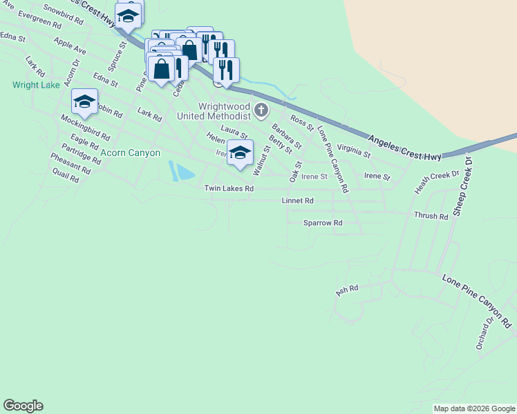 map of restaurants, bars, coffee shops, grocery stores, and more near 1535 Linnet Road in Wrightwood