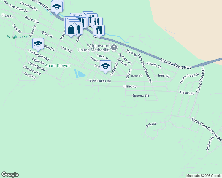 map of restaurants, bars, coffee shops, grocery stores, and more near 1523 Linnet Road in Wrightwood