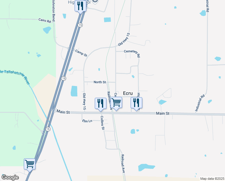 map of restaurants, bars, coffee shops, grocery stores, and more near 163 Central Avenue in Ecru