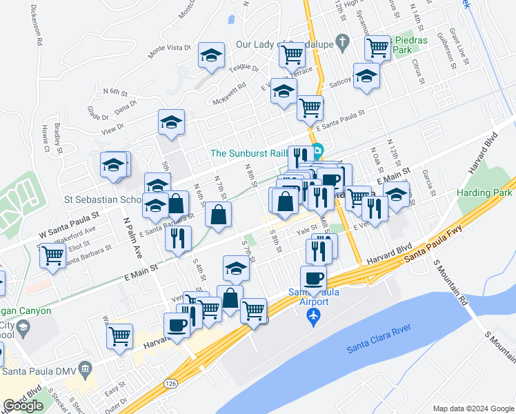 map of restaurants, bars, coffee shops, grocery stores, and more near in Santa Paula