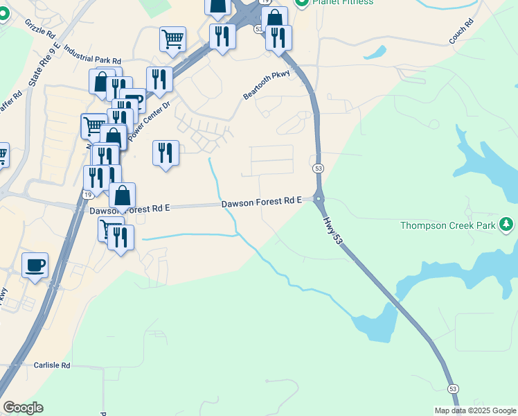 map of restaurants, bars, coffee shops, grocery stores, and more near 7142 Highway 53 in Dawsonville