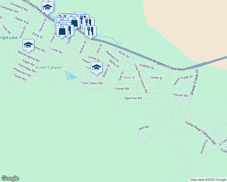 map of restaurants, bars, coffee shops, grocery stores, and more near 1585 Linnet Road in Wrightwood
