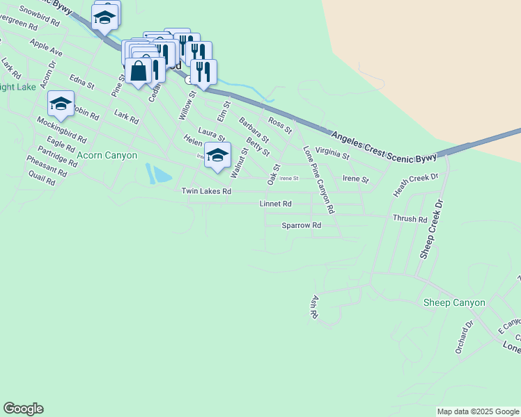 map of restaurants, bars, coffee shops, grocery stores, and more near 5676 Oak Street in Wrightwood