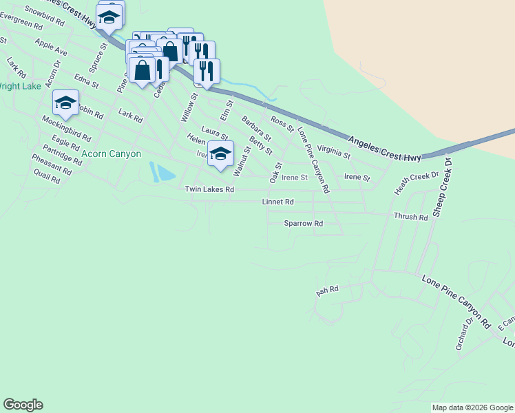 map of restaurants, bars, coffee shops, grocery stores, and more near 1585 Linnet Road in Wrightwood