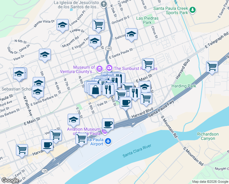 map of restaurants, bars, coffee shops, grocery stores, and more near 974 East Main Street in Santa Paula
