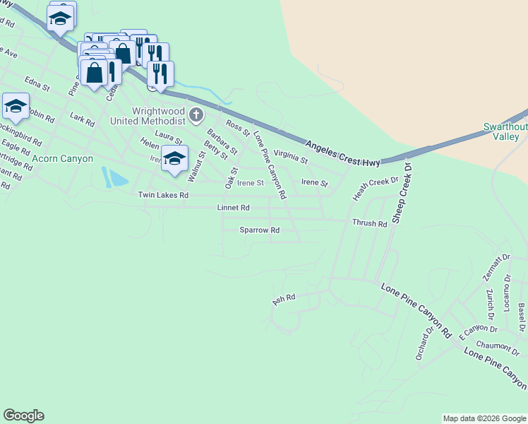 map of restaurants, bars, coffee shops, grocery stores, and more near 1719 Thrush Road in Wrightwood