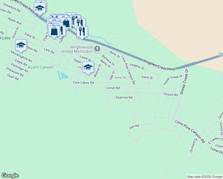 map of restaurants, bars, coffee shops, grocery stores, and more near 1659 Thrush Road in Wrightwood