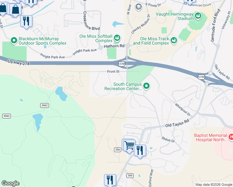 map of restaurants, bars, coffee shops, grocery stores, and more near Thacker Mountain Rail-Trail in Oxford