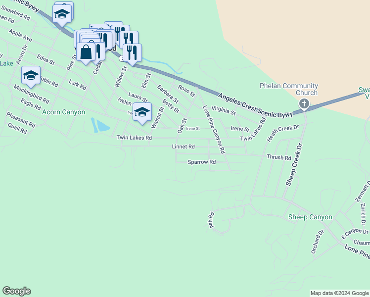 map of restaurants, bars, coffee shops, grocery stores, and more near 1649 Linnet Road in Wrightwood