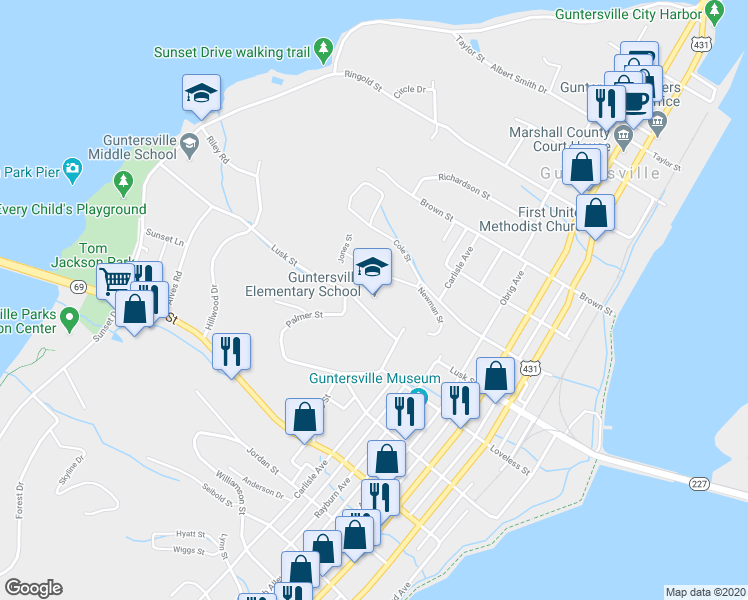 map of restaurants, bars, coffee shops, grocery stores, and more near 1800 Lusk Street in Guntersville